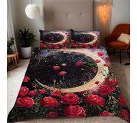 Zbeiba Crescent moon flowers and roses Pattern Duvet Cover and pillowcase,Microfiber Quilt Cove Double Bedding Set 3 Piece(200x200+2 * 50x75,#9)