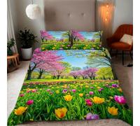 Zbeiba Double Duvet Cover Spring Cherry Blossoms and Tulips Pattern Soft Brushed Microfiber Duvet Bedding 3 Piece with 2 pillowcase（200x200+2 * 50x75,#4）