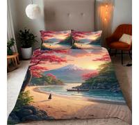 Zbeiba Japanese Cherry Blossom Mt. Fuji Pattern Duvet Cover and pillowcase,Microfiber Quilt Cove SuperKing Bedding Set 3 Piece(220x260+2 * 50x75,#4)