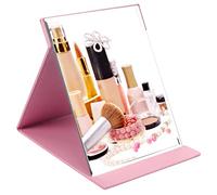 ZBEIVAN 10x7 Inches Portable Folding Makeup Mirror, Frameless PU Leather Desk Mirror with Stand for Camping Travel Tabletop Personal, Pink