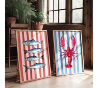 ZBELLO 2pcs/set Canvas Posters,Lobster and Sardines Poster, Nautical Red and Blue Striped Seafood Abstract Art Painting, Suitable for Home Decoration, Living Room, Kitchen, Frameless (50x70cm,A)