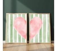 ZBELLO 2pcs/set Canvas Posters, Vintage Posters, Soft Pink Hearts and Light Green Watercolor Stripes, Perfect for Decorating Bedrooms and Living Rooms (30x40cm,A)