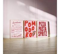 ZBELLO 3 Pcs Cartoon Pink Illustration Canvas Wall Art Set - Pizza Tomato & Cutlery Poster Prints, Modern Funny Kitchen Wall Decor for Living Room Bedroom Office (50×70 cm)