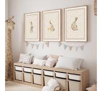 ZBELLO 3 Piece Beige Boho Forest Animal Wall Art Prints, Rabbit & Duck Watercolour Canvas Posters, Floral Woodland Room Decor for Bedroom Living Room Hallway, Frameless (40×50 cm)