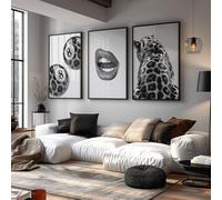 ZBELLO 3 Poster Set, Modern fashion black and white leopard, lips, size 8 leopard print living room bedroom canvas decoration painting core hanging painting, frameless (30x40cm)