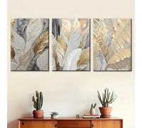 ZBELLO 3PC Abstract Golden White Feather Leaf Canvas Poster Picture Wall Modern Living Room Decoration Dining Room Home Decoration -Frameless (50×70 cm)