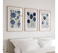 ZBELLO 3PCS Flower Market Blue Botanical Canvas Wall Art, Hydrangea Crocus Dianthus Floral Prints, Minimalist Abstract Plant Posters for Home Decor in Bedrooms (50×70 cm)