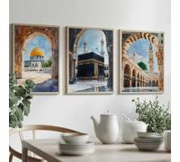ZBELLO 3pcs Mosque Architecture Watercolor Painting Canvas Print Muslim Arabic Calligraphy Wall Art Poster Modern Home Bedroom Decor - Frameless (20×30 cm)