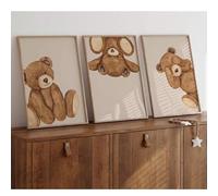 ZBELLO 3pcs/set Canvas Posters, 2D Flat, Cute Brown Bear Nursery Prints, Neutral Baby Room Decor for Boys Girls, Minimalist Bear Posters for Kids Room (30x40cm)