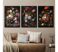 ZBELLO 3pcs/set Canvas Posters, 2D Flat, Vintage Dutch Floral Still Life Wall Art, Vase Plant Still Life, Classic Baroque Style Canvas Decor for Living Room Bedroom, Frameless (40x50cm)