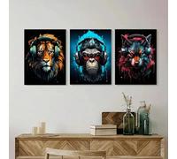 ZBELLO 3pcs/set Canvas Posters, Cool Lion, Wolf, and Gorilla Designs, Paired with Headphone and Video Game Posters, Suitable for Living Room, Bedroom, and Home Wall Decoration (40x50cm,A)