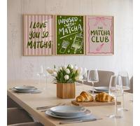 ZBELLO 3pcs/set Matcha Club Canvas Posters, 2D Flat, Geometric Illustrations, Cute Pink & Green Quote Prints, Trendy Coquette Kitchen & Living Room Decor, Unframed (20x30cm)