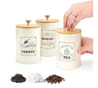 ZBELLO 3Pcs Tea Coffee Sugar Canisters Set ，round metal kitchen storage container with a sealed wooden lid. Compact storage jar that can hold tea, sugar and coffee.