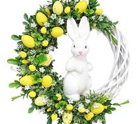ZBELLO 40cm Easter Wreath for Front Door,Easter Decorating Rattan Circle Wreaths,Ornaments Cute Bunny Shape Decorations,Easter Egg Wreath Artificial Flower Wreath Front (35x40cm,Yellow Rabbit)