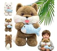 ZBELLO Cat Plush Toy, Cute Cat Plush Toy with Fish, Giant Fluffly Plush, Eco-Friendly Plush, Birthday Gifts for Kids Boys and Girls (40cm,brown)