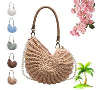 ZBELLO Crochet Shell Bag Seashell Women Beach Shoulder Bag Solid Color Pearls Chain Crossbody Bag for Vacation Travel, Women Summer Beach Bags (Khaki)
