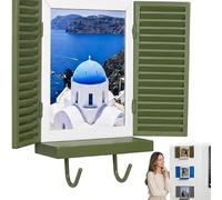 ZBELLO Mediterranean Window Photo Frame & Key Holder Wall Decor - Decorative Wall Mounted Photo Display with Openable Shutters, Hidden Key Storage Shelf for Entryway, Hallway (Green)