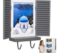 ZBELLO Mediterranean Window Photo Frame & Key Holder Wall Decor - Decorative Wall Mounted Photo Display with Openable Shutters, Hidden Key Storage Shelf for Entryway, Hallway (Gray)
