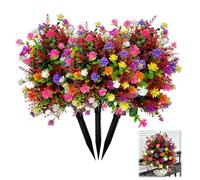 ZBELLO Multicolor Artificial Flower Bouquet Stake - White Purple Eucalyptus Tea Flower Ground Planting Plastic Outdoor Ground Stake for Porch Cemetery Decor Patio Gardens Pathways (3PCS)