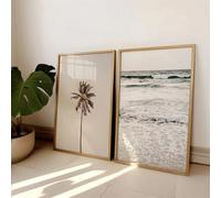 ZBELLO Neutral Boho Coastal Wall Art Set of 2, Unframed Beige Palm Tree & Beach Prints, Minimalist Tropical Posters for Living Room Bedroom Decor (30x40cm)