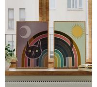 ZBELLO Set of 2 Posters, 2D Flat, Vintage Sun and Moon Canvas Art with Rainbow Black Cat, Minimalist Wall Decor, for Living Room, Bedroom, Office, or Dorm (21x30cm)