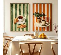 ZBELLO Set of 2 Retro Wall Art Prints, Orange Green Striped Coffee， Warm Vintage Kitchen Dining Diptych Wall Decor, for Breakfast Nook Farmhouse Apartment Home Decoration (40x60cm,A)