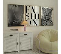 ZBELLO Set of 3 Black and White Fashion Wall Art Prints, Lady Necklace & Leopard Posters, Modern Glam Decor for Living Room Bedroom, Unframed (50x70cm)