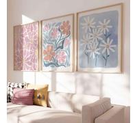 ZBELLO Set of 3 Boho Floral Canvas Wall Art, Abstract Daisy Flower Prints, Pastel Pink Blue Aesthetic Unframed Posters for Bedroom Living Room Home Interior Decor (21X30CM)