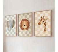 ZBELLO Set of 3 Checkerboard Safari Animal Wall Art Prints, Elephant Lion & Giraffe Posters, Neutral Nursery Decor for Baby Bedroom, Unframed (30x40cm)