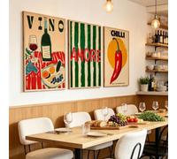 ZBELLO Set of 3 Italian Kitchen Wall Art Prints, Vino Wine Grape Stripe Chilli Pepper Vintage Posters, Retro Food Themed Unframed Canvas Pictures for Dining Room Kitchen Home Decor (30x40cm)