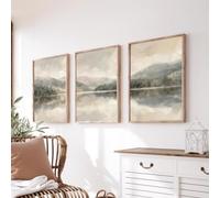 ZBELLO Set of 3 Neutral Lake Mountain Wall Art Prints, Soft Watercolor Misty Mountain Lake Reflection Landscape Posters, Farmhouse Decor for Living Room Bedroom, Unframed (40×50 cm)