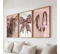ZBELLO Set of 3 Pink Coquette Wall Art Prints, Leopard Cheetah with Bow, Leopard Bow & High Heels Posters, Trendy Feminine Decor for Teen Girl Bedroom Dorm, Unframed (40x50cm)