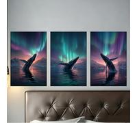 ZBELLO Set of 3 Posters, Aurora Whale Canvas Wall Art, Frameless Northern Lights Seascape Prints for Modern Living Room Bedroom Home Office Decor (50 x 70 cm (unframed))