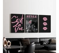 ZBELLO Set of 3 Posters, Black Pink Leopard Canvas Wall Art, Frameless Typography and Lip Prints for Modern Bedroom Living Room Glam Decor (40 x 60 cm (unframed))