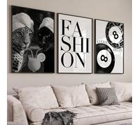 ZBELLO Set of 3 Posters, Black White Leopard 8 Ball FASHION Canvas Prints Aesthetic Wall Decor for Living Room Bedroom,Without Frame (50x70cm)