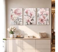 ZBELLO Set of 3 Posters, Blush Pink Watercolor Floral Wall Art, Hydrangea Magnolia Canvas Posters, Soft Neutral Flower Wall Decor for Living Room Bedroom Bathroom, Unframed (40 x 50 cm (unframed))