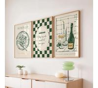 ZBELLO Set of 3 Posters, Green Kitchen Pasta and Red Wine Wall Art Prints, for Vintage-Style Living Room Decor, Kitchen Decor and Aesthetic Kitchen Wall Art, Unframed (30x40cm)