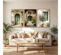 ZBELLO Set of 3 Posters, Mediterranean Courtyard Canvas Wall Art, Frameless Green Door Olive Tree Prints for Modern Living Room Dining Room Home Decor (40 x 50 cm (unframed))