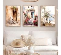 ZBELLO Set of 3 Posters, Mediterranean Landscape Watercolour Canvas Print, Bicycle, Garden Corner and Travel Wall Art for The Living Room, Bedroom and Home Decor, Unframed (30x40cm)
