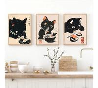 ZBELLO Set of 3 Posters, Vintage Black Cat Wall Art, Funny Cat Canvas Prints, Cats Eating Ramen, Salmon and Sushi Posters, for The Dining Room, Living Room or Bedroom, Unframed (30x40cm)