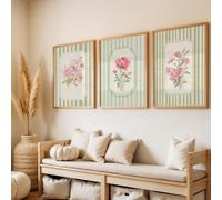 ZBELLO Set of 3 Posters, Vintage Pink Peony Floral Wall Art, Green Striped Botanical Canvas Posters, Soft Pastel Flower Wall Decor for Living Room Bedroom Bathroom, Unframed (40 x 50 cm (unframed))