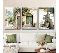 ZBELLO Set of 3 Vintage Italy Landscape Canvas Wall Art,Green Olive Tree Old House Wall Decor,Modern Minimalist Country Farmhouse Art Print For Living Room Office, Unframed (50x70cm)