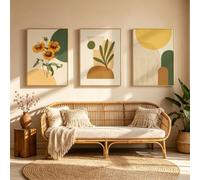 ZBELLO Sunflower Boho Abstract Wall Art Prints, Minimalist Botanical Line Art Set of 3, Neutral Yellow Green Aesthetic Poster, Unframed Wall Decor for Living Room Bedroom (40 * 50cm,kui)