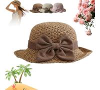 ZBELLO Versatile Retro Woven Handmade Straw Hat with Ruffled Bow, Wide Brim Packable Sun Hat, Straw Bucket Hats for Women (1,Brown)