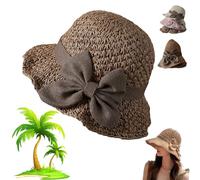 ZBELLO Versatile Retro Woven Handmade Straw Hat with Ruffled Bow, Womens Straw Bucket Hat Foldable Wide Brim Floppy Beach Sun Hats, French Sun Hat for Women (6 7/8,Light Brown)