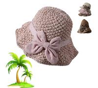 ZBELLO Versatile Retro Woven Handmade Straw Hat with Ruffled Bow, Womens Straw Bucket Hat Foldable Wide Brim Floppy Beach Sun Hats, French Sun Hat for Women (6 7/8,Pink)