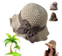 ZBELLO Versatile Retro Woven Handmade Straw Hat with Ruffled Bow, Womens Straw Bucket Hat Foldable Wide Brim Floppy Beach Sun Hats, French Sun Hat for Women (6 7/8,Beige)