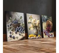 ZBELLO Vintage Farmhouse Still Life Wall Art Set of 3, Included Fruit & Flower Posters, Neutral Watercolor Prints for Home Kitchen Dining Room, No Frame (30x40cm)