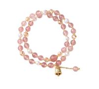 ZBIianxer Handcrafted Ethnic Designs Double Strands Strawberry Quartzs Freshwater Pearls Zirconia Bells Natural Stone