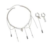 ZBIianxer Retro Layer Earrings and Necklace with Heart Pendant Pearls Choker and Cuban Chain Jewelry for Women Girls Silver Curb Chain Necklace for Women